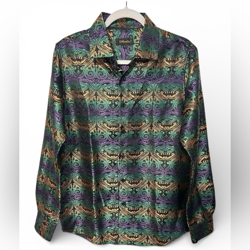 DiBanGu Men’s Floral Patterned Silk Blend Button-Downed Dress Shirt Mardi Gras